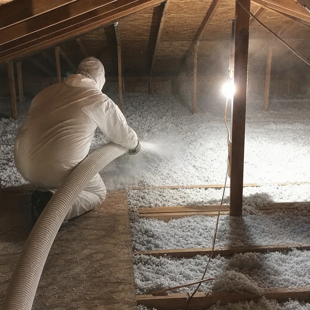 Technician installing blown-in attic insulation in a residential home
