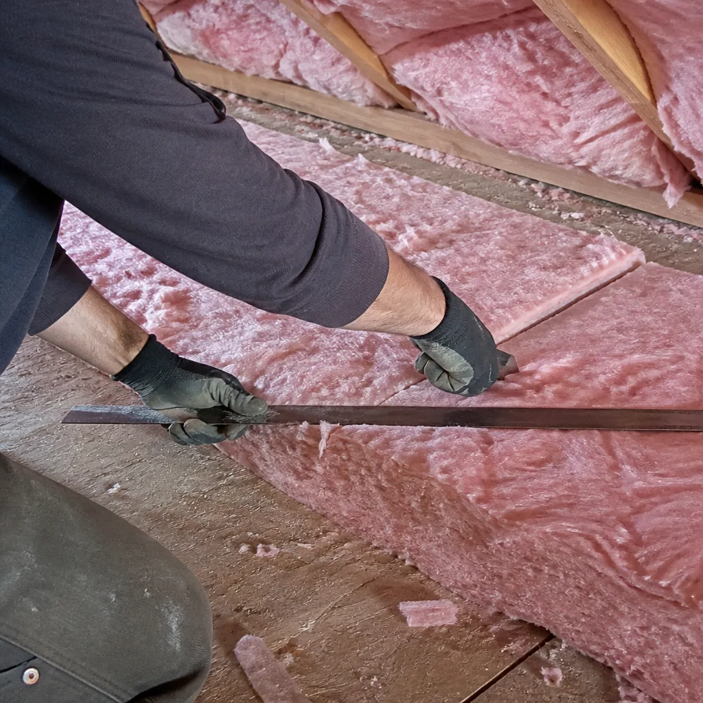 Professional cutting pink fiberglass insulation batts in an attic space.