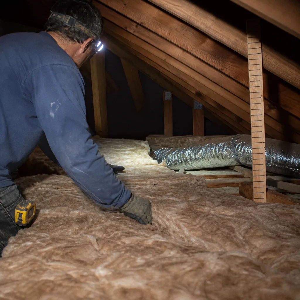 Contractor installing fiberglass insulation batts in an attic space