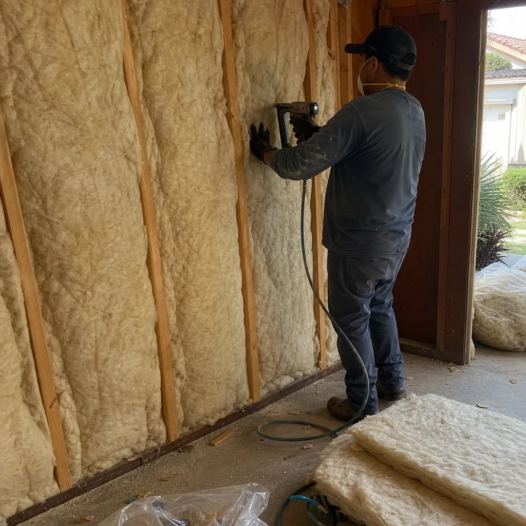 professional installing fiberglass batt insulation in a wall cavity