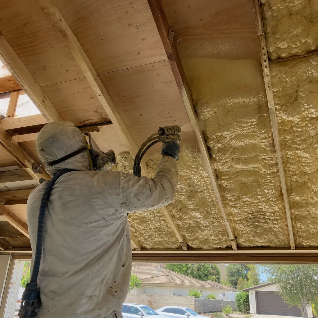 Professional applying spray foam insulation to residential roof rafters