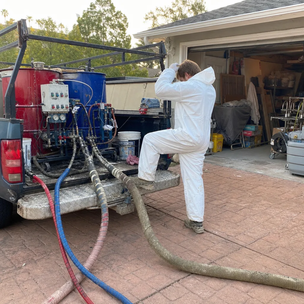 Technician setting up industrial spray foam insulation equipment on a truck