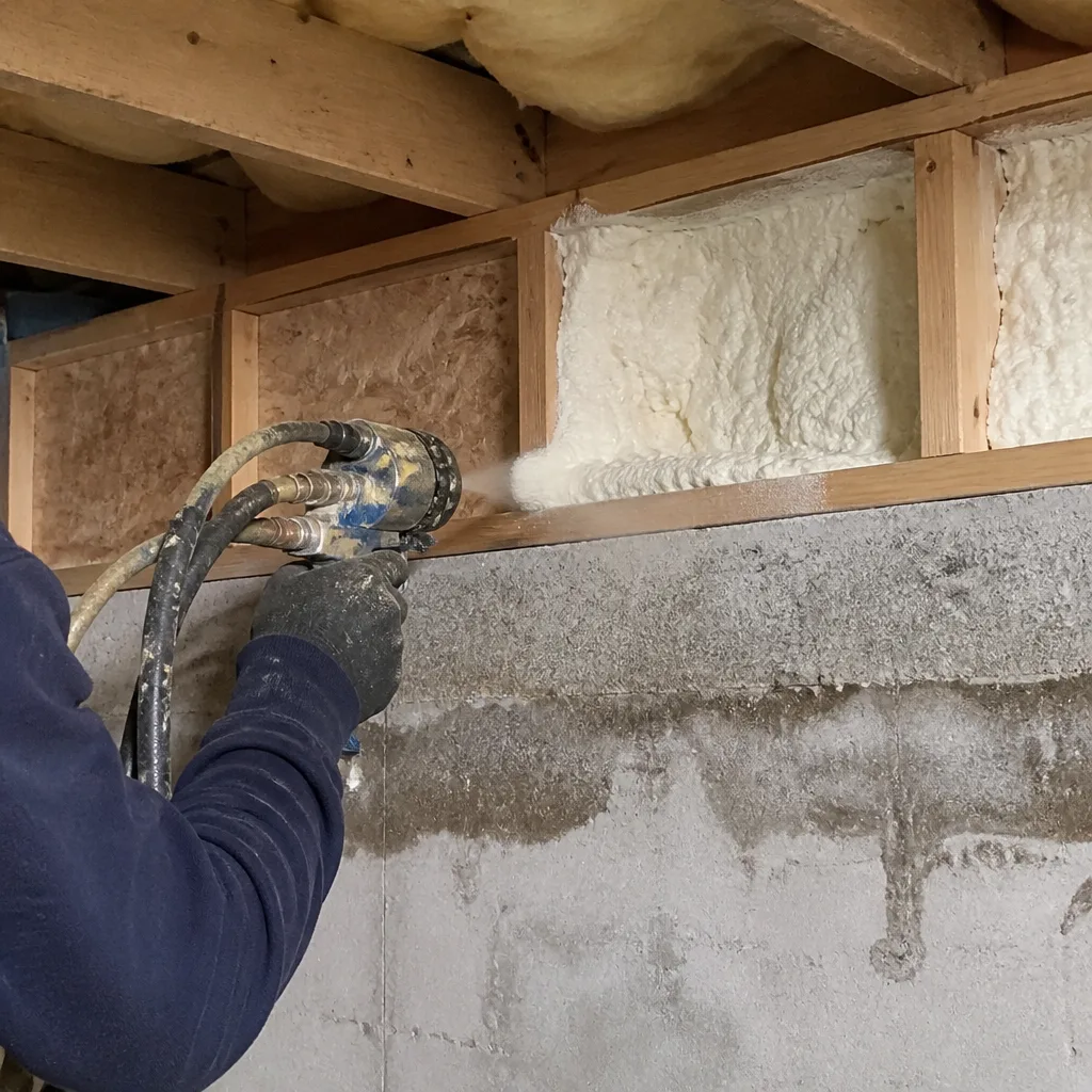 Contractor applying professional spray foam insulation to basement rim joist.